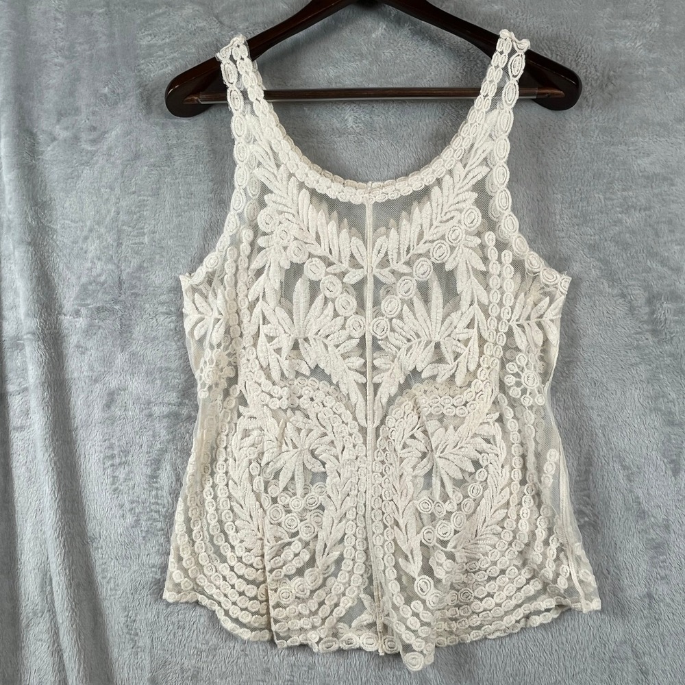 Roommates Womens Lace Tank Cream Sheer Boho Festival Top M Festival Cottagecore